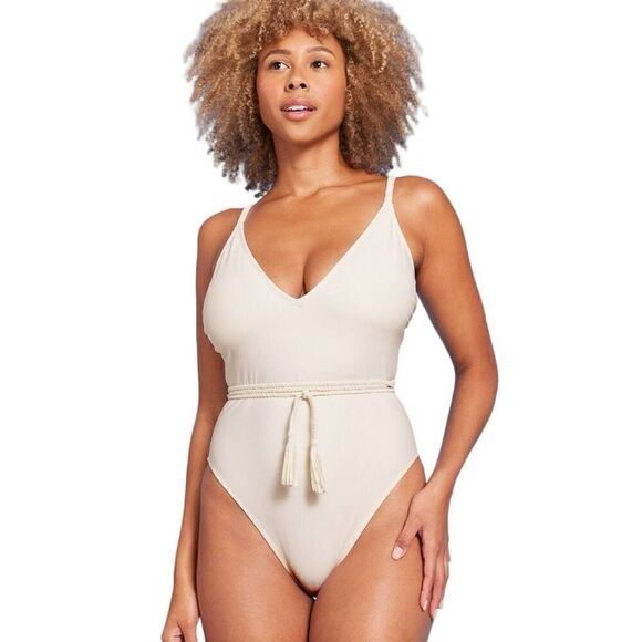 NWT Shade & Shore Braid Detail Extra High Leg One Piece Off White Swimsuit M - Picture 1 of 8